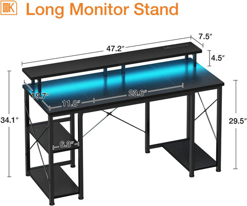 48 Inch Gaming Desk with LED Lights & Power Outlets, Computer Desk