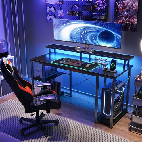 48 Inch Gaming Desk with LED Lights & Power Outlets, Computer Desk
