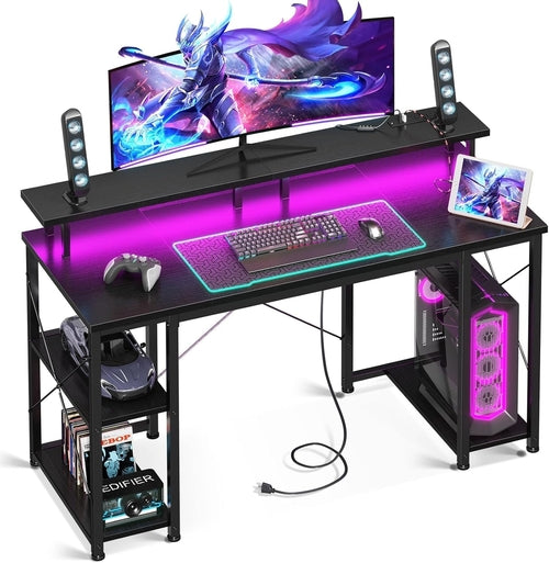 48 Inch Gaming Desk with LED Lights & Power Outlets, Computer Desk