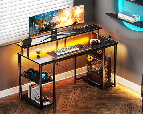 48 Inch Gaming Desk with LED Lights & Power Outlets, Computer Desk