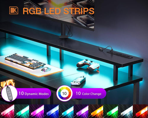 48 Inch Gaming Desk with LED Lights & Power Outlets, Computer Desk